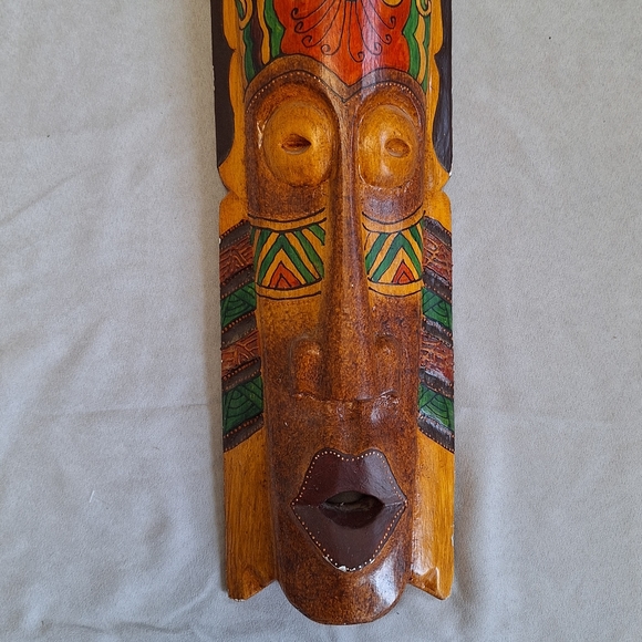 Vintage Large Hand Carved Painted Wood Indonesian Wall Mask - Picture 3 of 9
